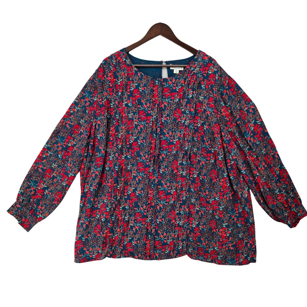 Ava & Viv 4X Floral Pintuck Pleat Blouse Womens Teal Red Boho Cottagecore Top